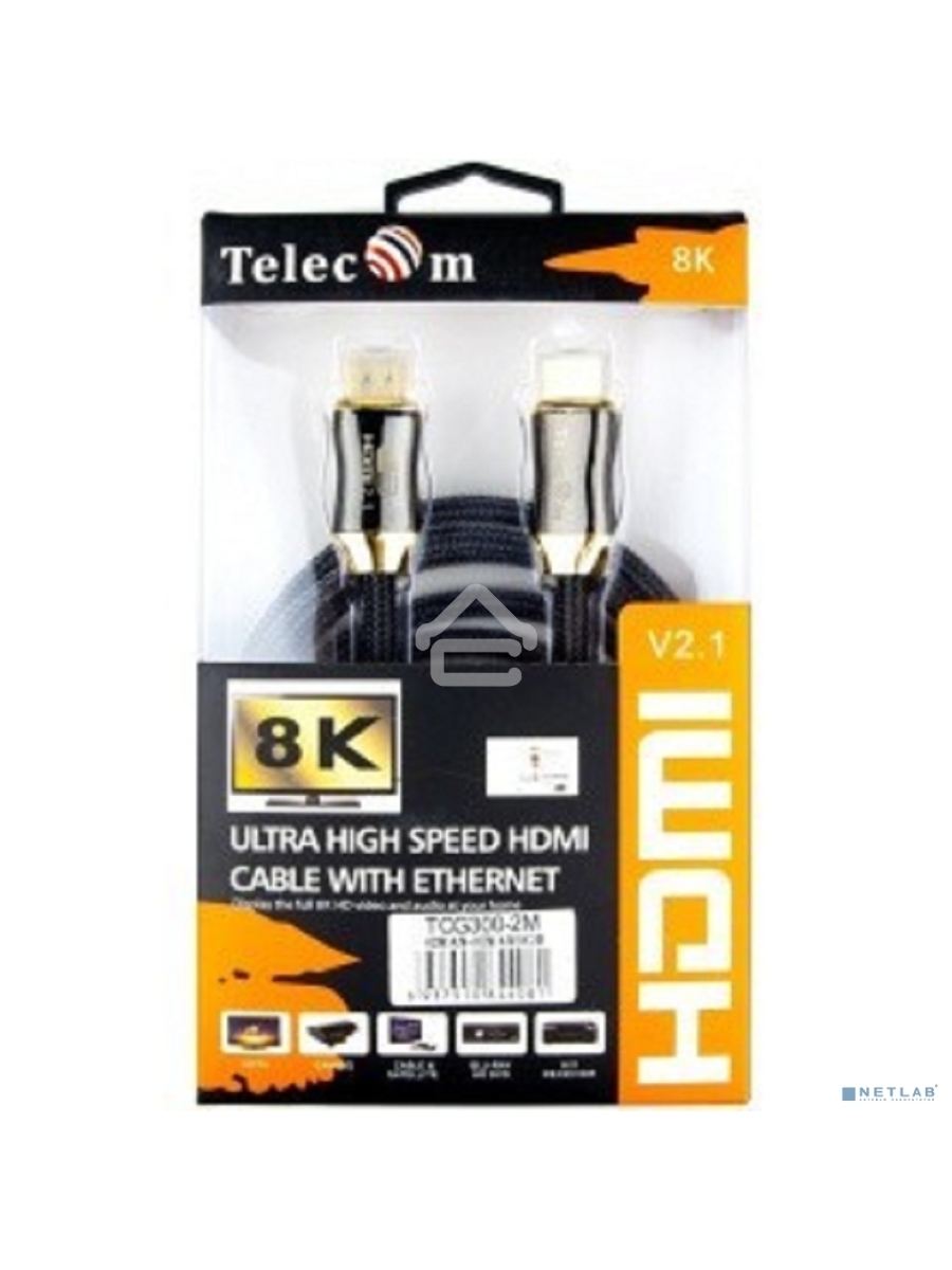 Кабель HDMI 19M/M,ver. 2.1, 8K@60 Hz 2m метал разъемы, нейлоновая оплетка Telecom <TCG300-2M>