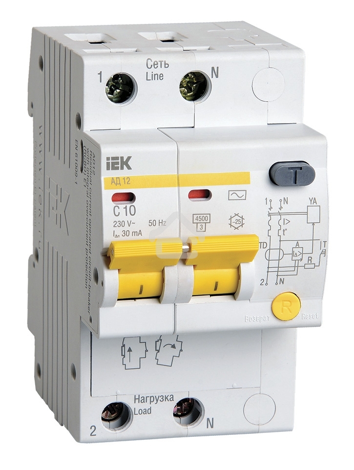 Выключатель автоматический дифференциального тока 2п C 10А 30мА тип AC 4.5кА АД-12 ИЭК MAD10-2-010-C-030