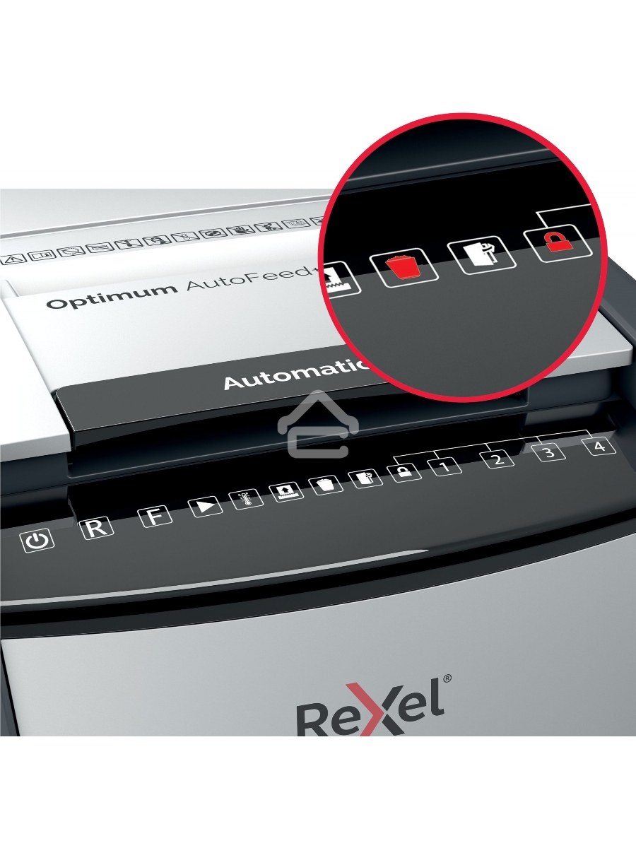 Шредер Rexel Optimum AutoFeed 100M черный с автоподачей (секр.P-5)/фрагменты/100лист./34лтр./скрепки/скобы/пл.карты