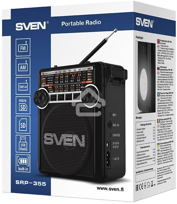 Радиоприемник АС SVEN SRP-355, черный (3 Вт, FM/AM/SW, USB, SD/microSD, фонарь, встроенный аккумулятор) АС SVEN SRP-355, черный (3 Вт, FM/AM/SW, USB, SD/microSD, фонарь, встроенный аккумулятор)
