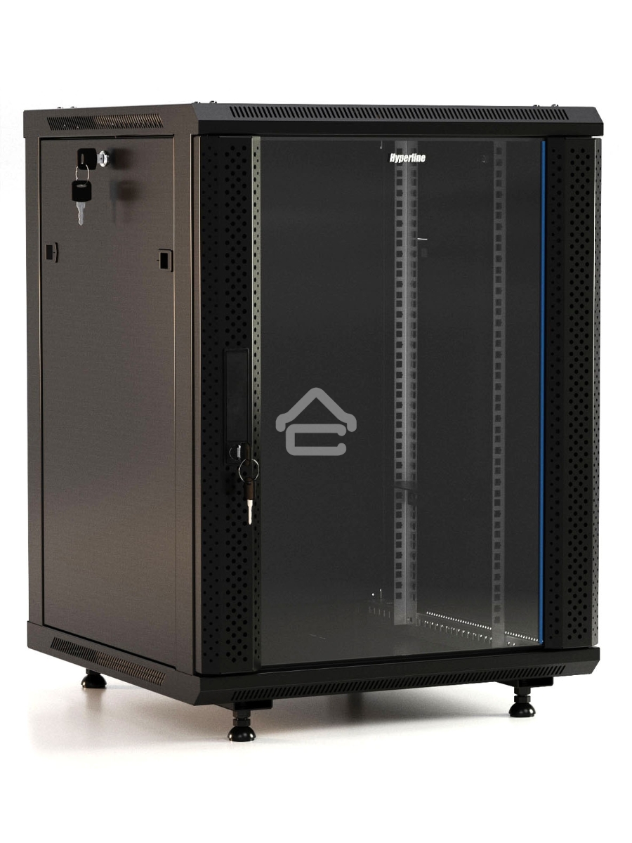 Шкаф коммутационный Hyperline (TWB-FC-1566-GP-RAL9004) напольный 15U 600x600мм пер.дв.стекл 60кг черный IP20 сталь