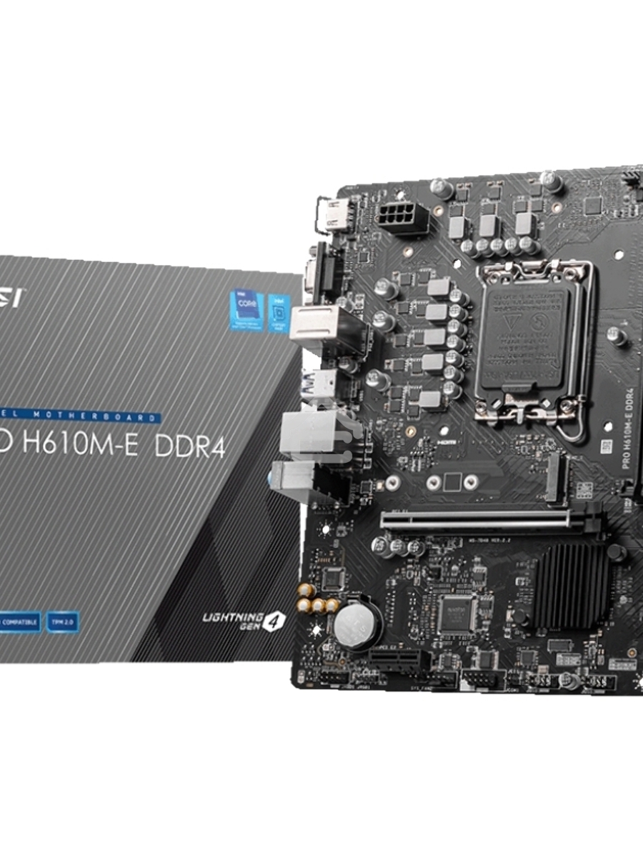 Материнская плата MSI PRO H610M-E DDR4, LGA 1700, Intel H610, 2xDDR4, 4xSATA, 1xM.2, 1xPCIe 4.0 x16, 1xPCIe 4.0 x1, 1xHDMI, 1xVGA, 1xRJ45 1Gb, 2xUSB-A 3.2 Gen 1, 4xUSB-A 2.0, 3x3.5мм, 7.1, mATX
