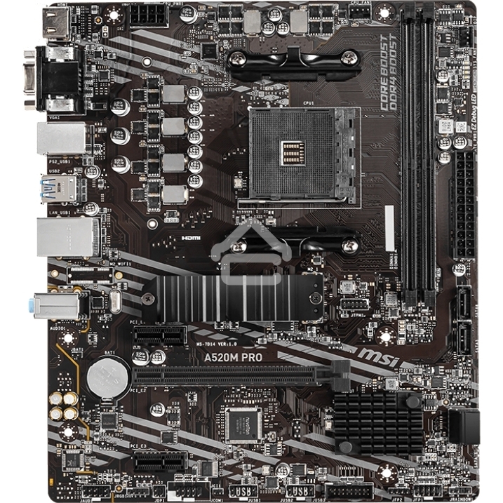 Материнская плата MSI A520M PRO, AM4, AMD A520, 2xDDR4, 4xSATA, 1xM.2, 1xPCIe 3.0 x16, 1xVGA, 1xDVI-D, 1xHDMI, 1x 1Gb LAN, 2xUSB 2.0, 4xUSB 3.2 Gen 1, 3x3.5 мм, 7.1, mATX