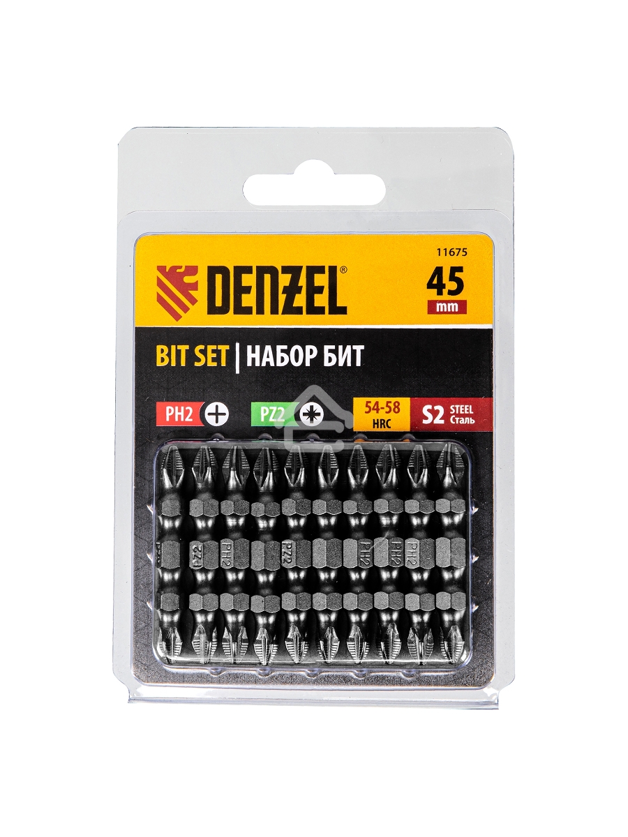 Набор бит двухстор., PH2-PZ2х45 мм, сталь S2, 10шт. Denzel