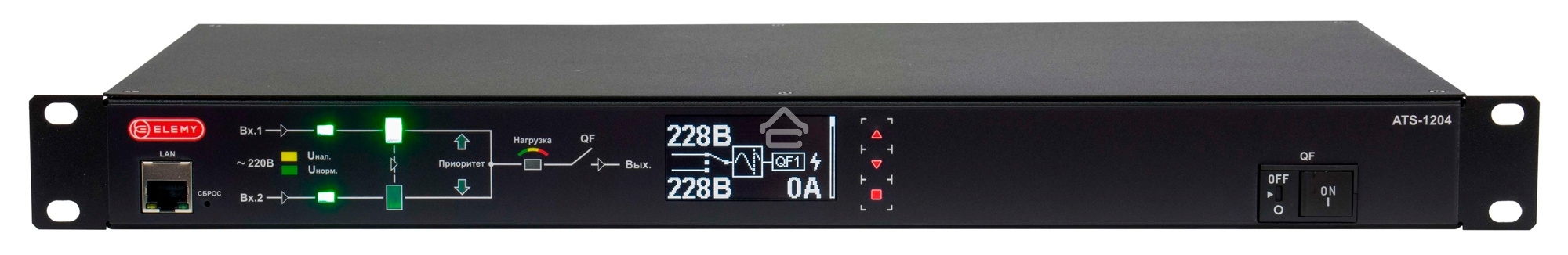 Автоматический ввод резерва ELEMY RACK ATS, 1U, 220В, 16А, OLED, Ethernet, in (2) C20, out (1) C19 (9) C13
