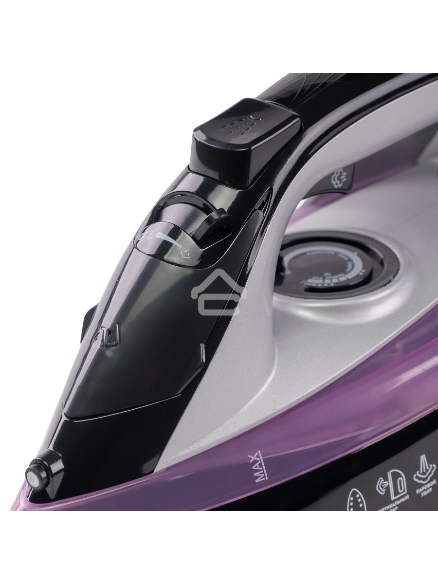 Утюг Galaxy Line GL 6128, фиолетовый с черным, паровой, 2200 Вт, постоянный пар 30 г/мин, паровой удар 140 г/мин, функции: самоочистка, антикапля, антинакипь, функция увлажнения, вертикальное отпаривание, защита от перегрева, индикатор нагрева, керамическ