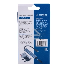 Разветвитель USB3.1 Gembird UHB-C474, 4хUSB, с доп.питанием (порт Type-C), кабель Type-C 19см, алюминий, коробка