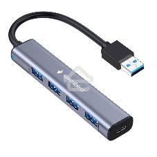 Разветвитель USB3.1 Gembird UHB-C484, 4хUSB, с доп.питанием (порт Type-C), кабель USB 19см, алюминий, коробка