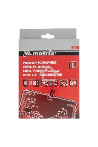 Набор ключей имбусовых MATRIX HEX-TORX, 18 шт: HEX 1,5–10 мм, T10-T50, CrV, короткие, сатин. 12314