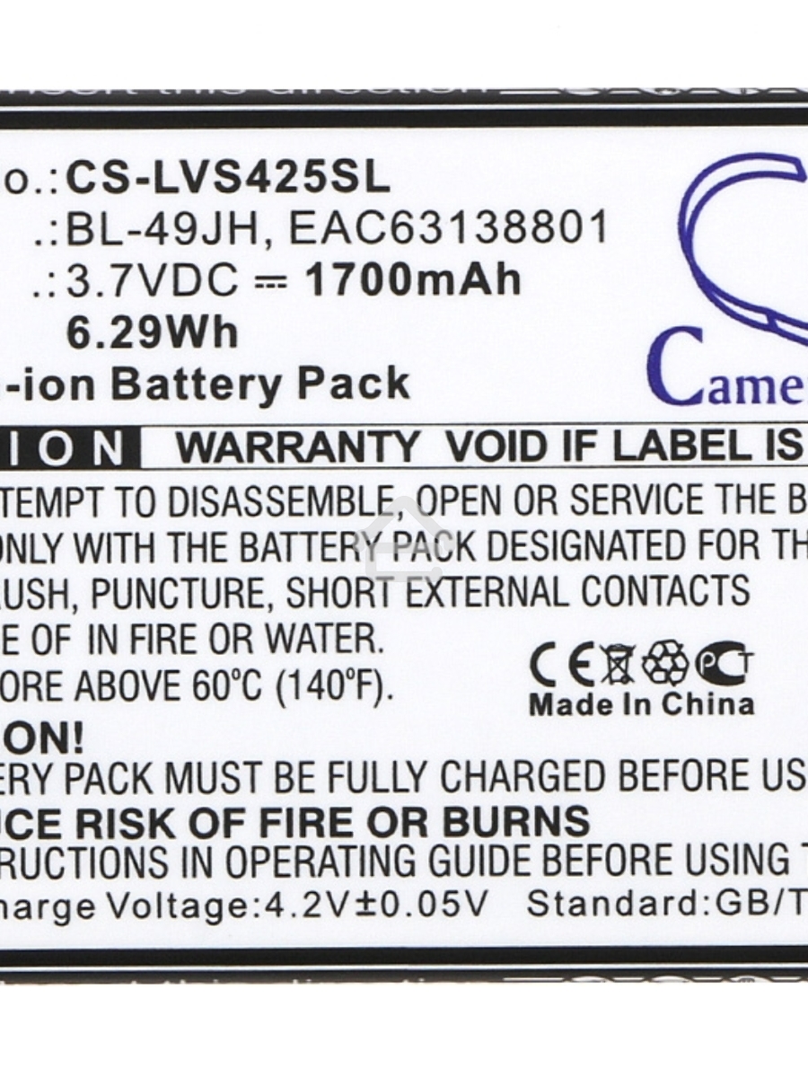 Аккумулятор CameronSino CS-LVS425SL BL-49JH для LG K120 3.7V / 1700mAh / 6.29Wh