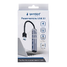 Разветвитель USB3.1 Gembird UHB-C484, 4хUSB, с доп.питанием (порт Type-C), кабель USB 19см, алюминий, коробка