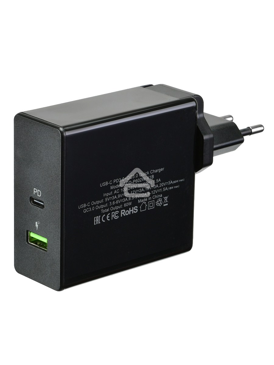 Сетевое зарядное устройство  ACD-P602W-V1B 60Вт, 2xUSB 1PD+1QC, 3.6~20В/3А RTL