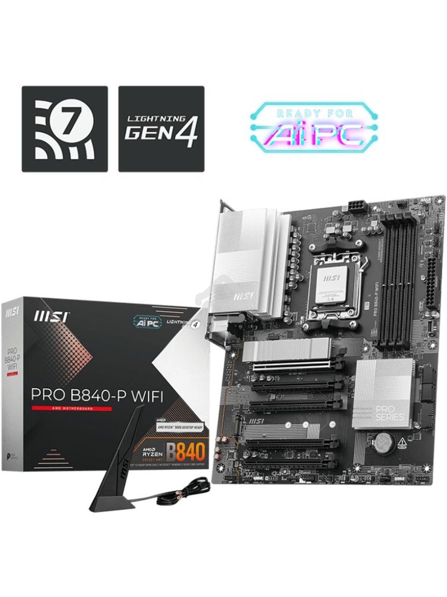 Материнская плата MSI PRO B840-P WIFI, Socket AM5, AMD B840, 4xDDR5, 4xSATA, 2xM.2, 1xPCI-E 4.0 x16, 1xPCI-E 3.0 x4, 3xPCI-E 3.0 x1, 1xHDMI, 1x 2.5Gb LAN, 4xUSB-A 2.0, 2xUSB-A 5Gbps, 1xUSB-C 5Gbps, 1xUSB-A 10Gbps, 1xUSB-C 10Gbps, 3x3.5 мм, 7.1, ATX