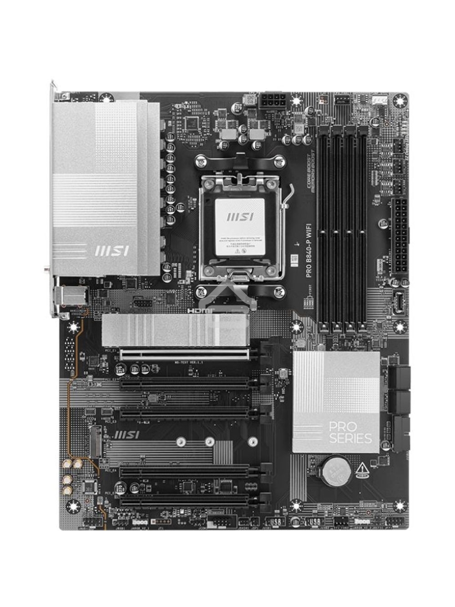 Материнская плата MSI PRO B840-P WIFI, Socket AM5, AMD B840, 4xDDR5, 4xSATA, 2xM.2, 1xPCI-E 4.0 x16, 1xPCI-E 3.0 x4, 3xPCI-E 3.0 x1, 1xHDMI, 1x 2.5Gb LAN, 4xUSB-A 2.0, 2xUSB-A 5Gbps, 1xUSB-C 5Gbps, 1xUSB-A 10Gbps, 1xUSB-C 10Gbps, 3x3.5 мм, 7.1, ATX