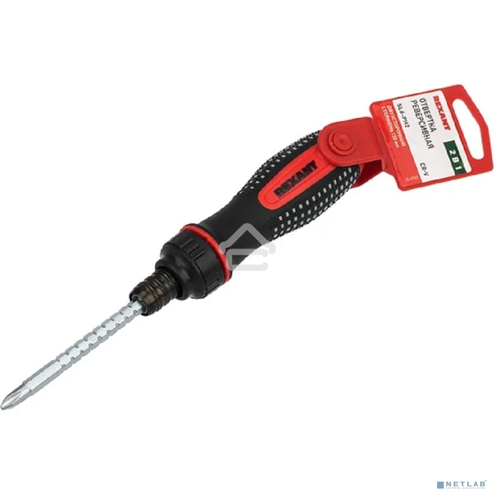 Отвертка реверсивная комбинированная Rexant двухсторонний стержень 120 мм (крестовая PH 2, шлицевая SL 6 мм), двухкомпонентная рукоятка