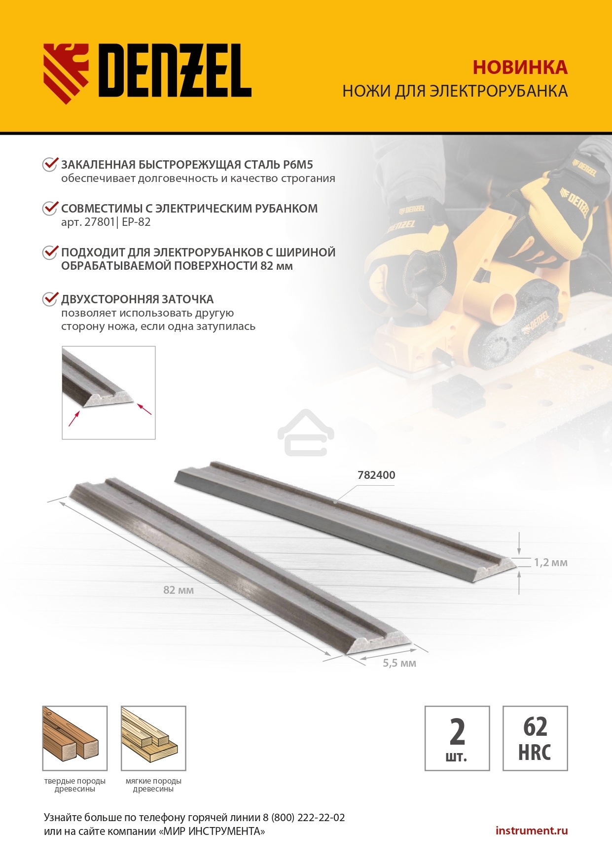 Ножи для эл. рубанка Denzel Р6М5, 82 мм, 2 шт