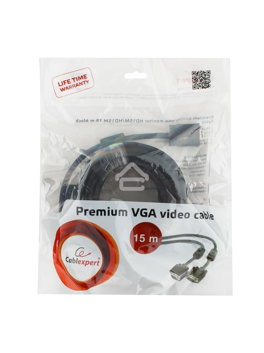 Кабель VGA Premium Cablexpert CC-PPVGA-15M-B, 15M/15M, 15м, черный, тройной экран, феррит.кольца, пакет