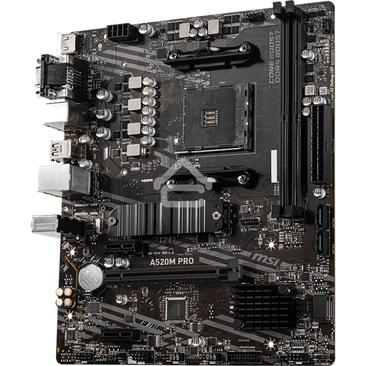 Материнская плата MSI A520M PRO, AM4, AMD A520, 2xDDR4, 4xSATA, 1xM.2, 1xPCIe 3.0 x16, 1xVGA, 1xDVI-D, 1xHDMI, 1x 1Gb LAN, 2xUSB 2.0, 4xUSB 3.2 Gen 1, 3x3.5 мм, 7.1, mATX
