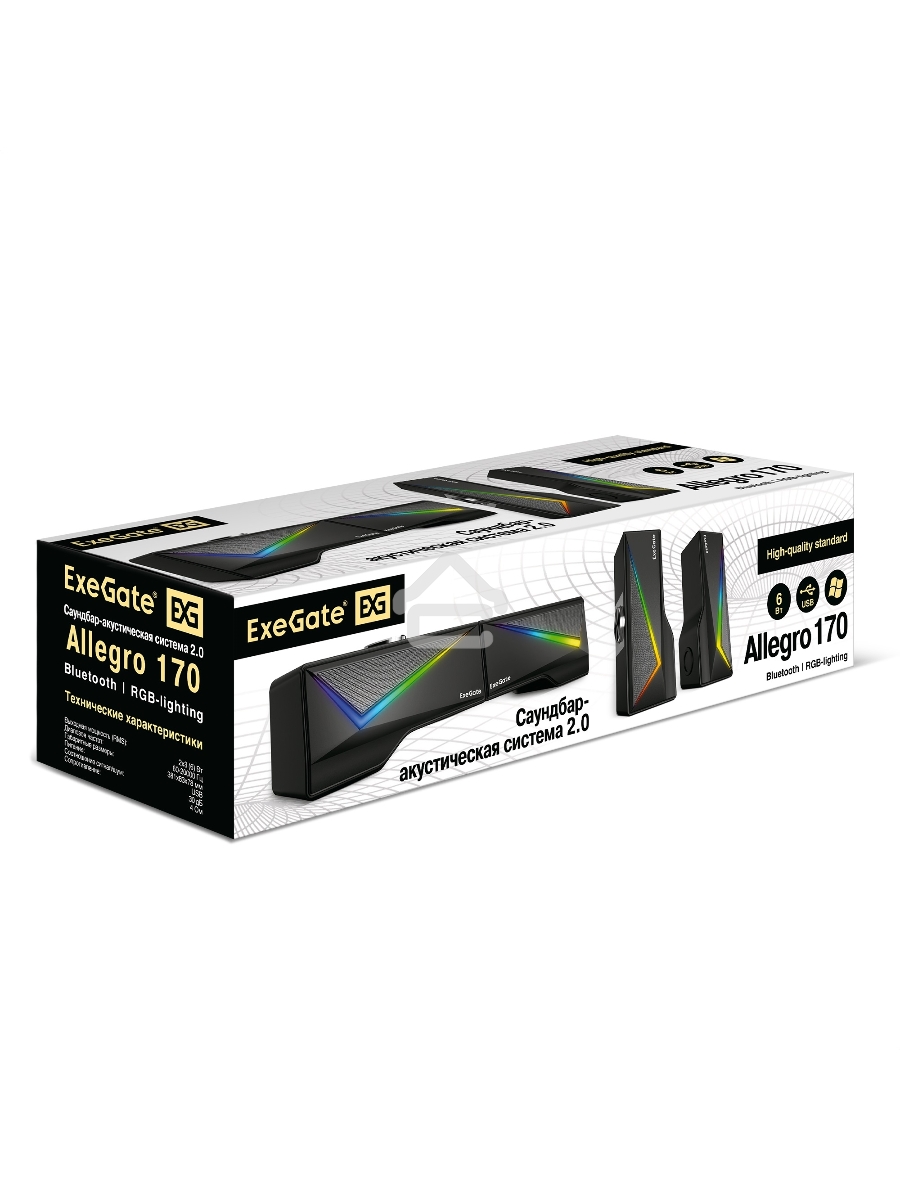 Саундбар-акустическая система 2.0 ExeGate Allegro 170 питание USB, Bluetooth, 2х3Вт (6Вт RMS), 60-20000Гц, черный, RGB подсветка