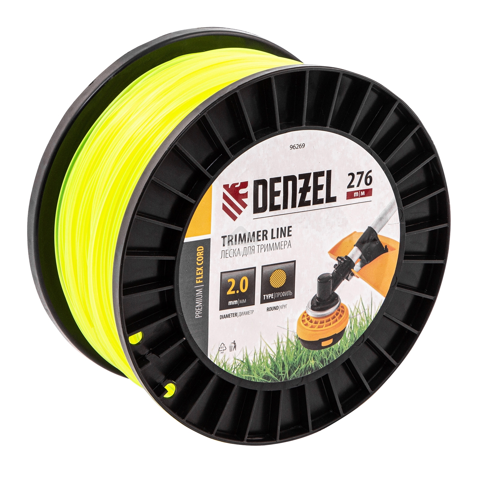 Леска для триммера круглая, 2,0мм х 276м, на DIN катушке FLEX CORD Denzel