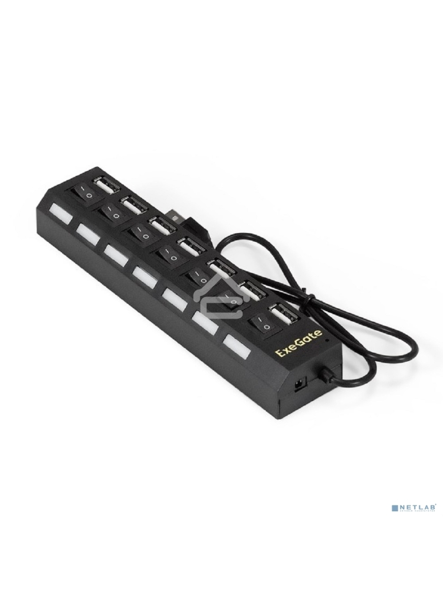 Хаб USB (концентратор) ExeGate EX293978RUS DUB-72SW (кабель-адаптер USB2.0 --> 7xUSB2.0, кнопки включения/отключения для каждого порта, Plug&Play, черный)