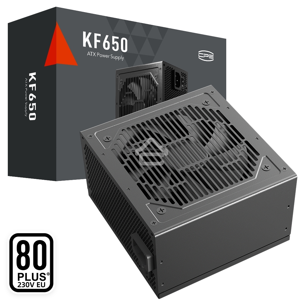 Блок питания PCCOOLER KF650, 650W 80 PLUS White (ATX, ATX 2.4, Non-modular, 1x24(20+4)pin 550мм, 1xCPU*2 8(4+4)pin 610+150мм, 2xPCIe 8(6+2)pin 510мм, 2xSATA*3+MOLEX4pin*1 450+150+150+150мм, Active, 120x120мм, 140x150x86мм, APFC, OVP, SCP, OPP (140-160%, 2