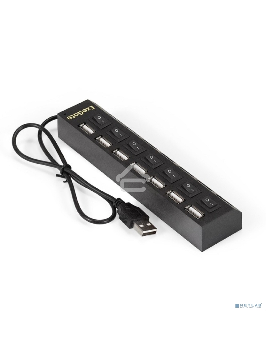Хаб USB (концентратор) ExeGate EX293978RUS DUB-72SW (кабель-адаптер USB2.0 --> 7xUSB2.0, кнопки включения/отключения для каждого порта, Plug&Play, черный)