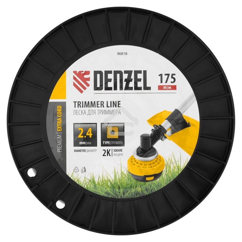 Леска для триммера Denzel двухкомпонентная квадрат, 2,4 мм х 175 м, на DIN катушке EXTRA CORD