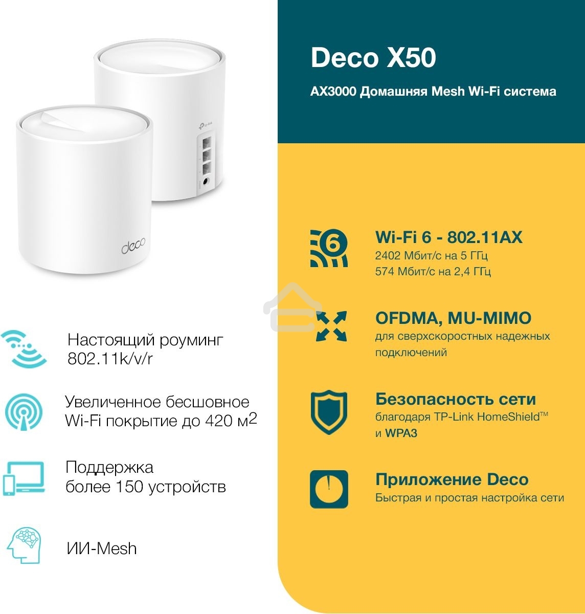 Бесшовный Mesh роутер TP-Link Deco X50(2-Pack) AX3000 10/100/1000BASE-TX