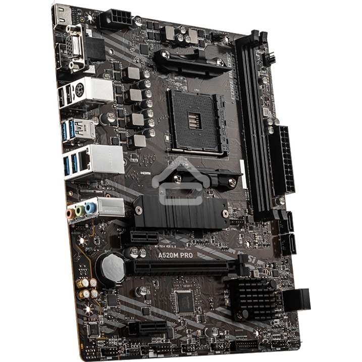 Материнская плата MSI A520M PRO, AM4, AMD A520, 2xDDR4, 4xSATA, 1xM.2, 1xPCIe 3.0 x16, 1xVGA, 1xDVI-D, 1xHDMI, 1x 1Gb LAN, 2xUSB 2.0, 4xUSB 3.2 Gen 1, 3x3.5 мм, 7.1, mATX