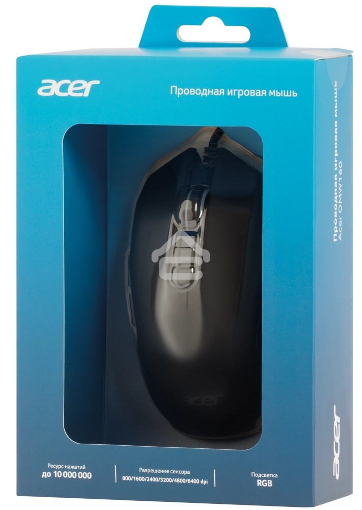 Мышь проводная Acer OMW160 черный, 6400 dpi, USB, кнопки - 8