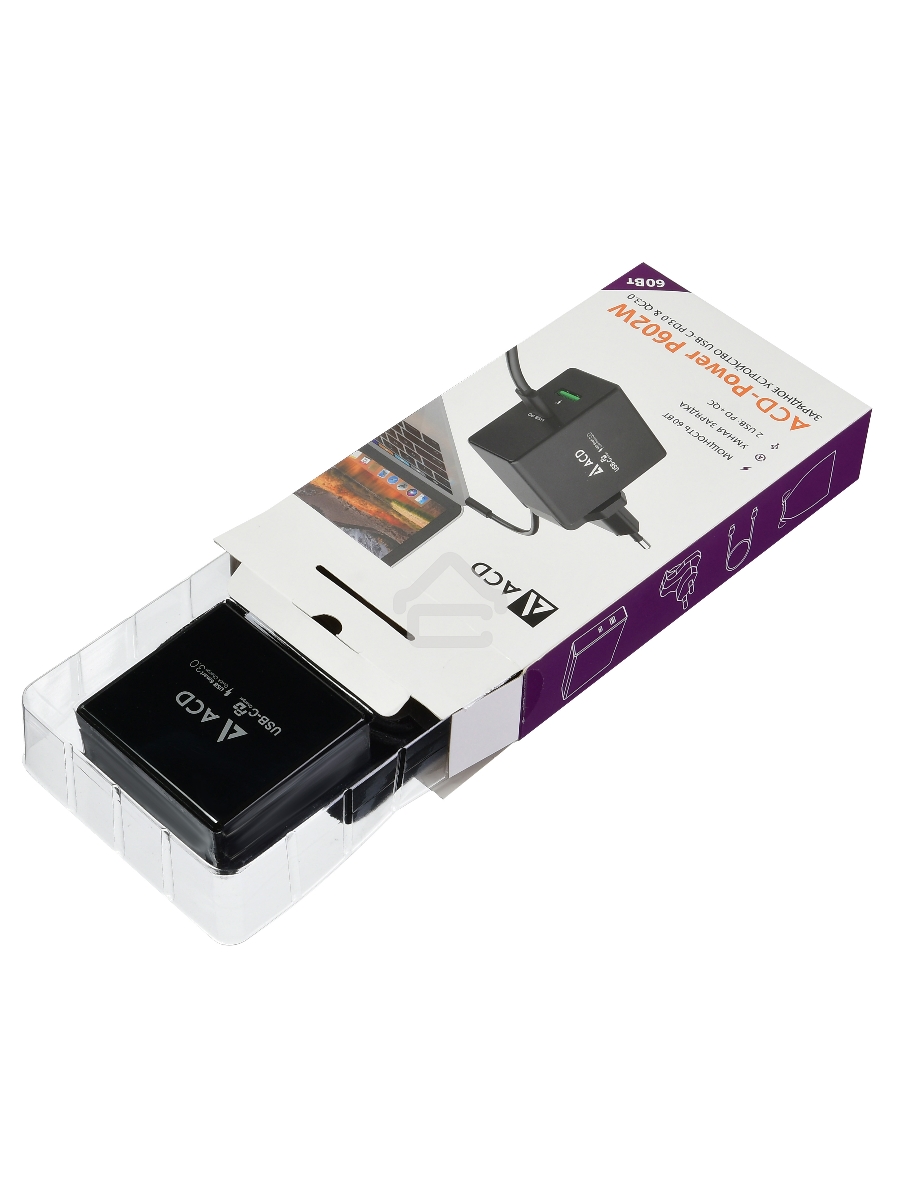 Сетевое зарядное устройство  ACD-P602W-V1B 60Вт, 2xUSB 1PD+1QC, 3.6~20В/3А RTL