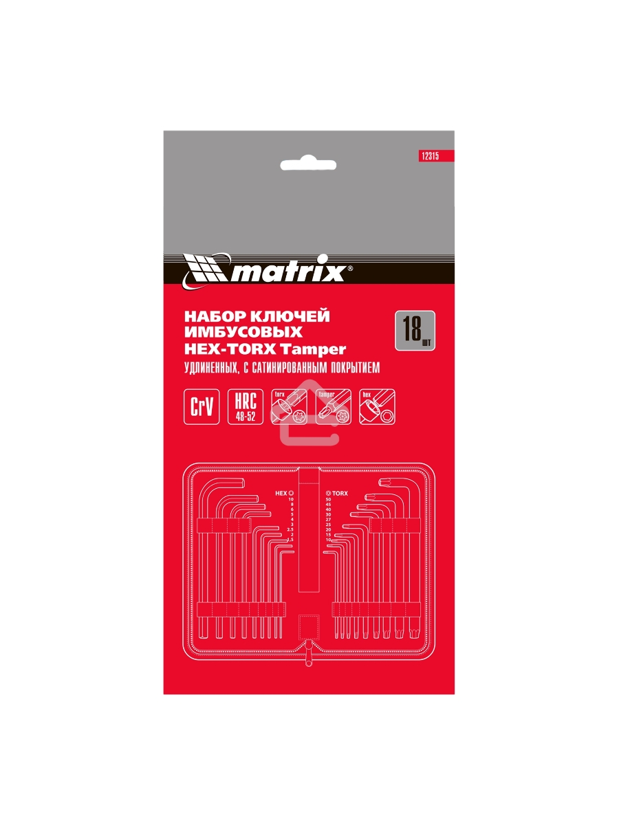 Набор ключей MATRIX имбусовых HEX-TORX, 18 шт: HEX 1,5–10 мм, T10-T50, CrV, удлиненные, сатин. MATRIX 12315