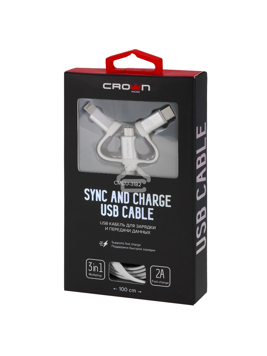 Кабель Crown USB - microUSB/USB Type-C/Lightning CMCU-3182 white