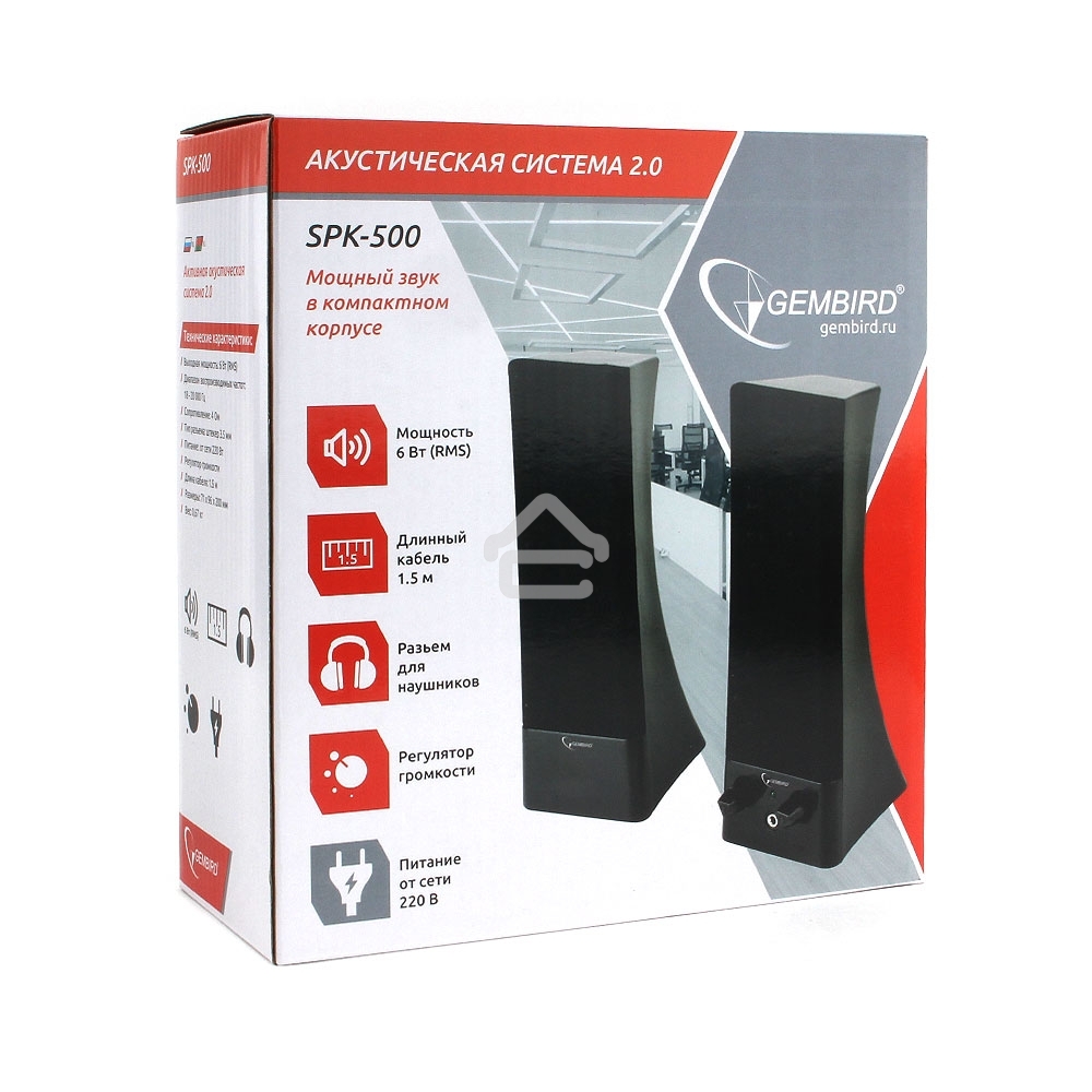 Акустич. система 2.0 Gembird SPK-500, черный, 6 Вт, рег. громкости, разъём для наушников, питание от сети