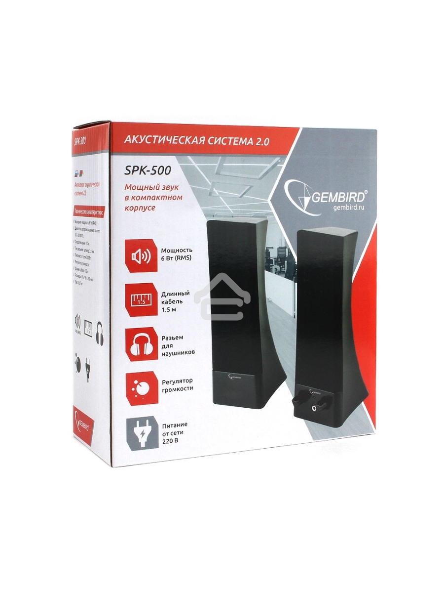 Акустич. система 2.0 Gembird SPK-500, черный, 6 Вт, рег. громкости, разъём для наушников, питание от сети