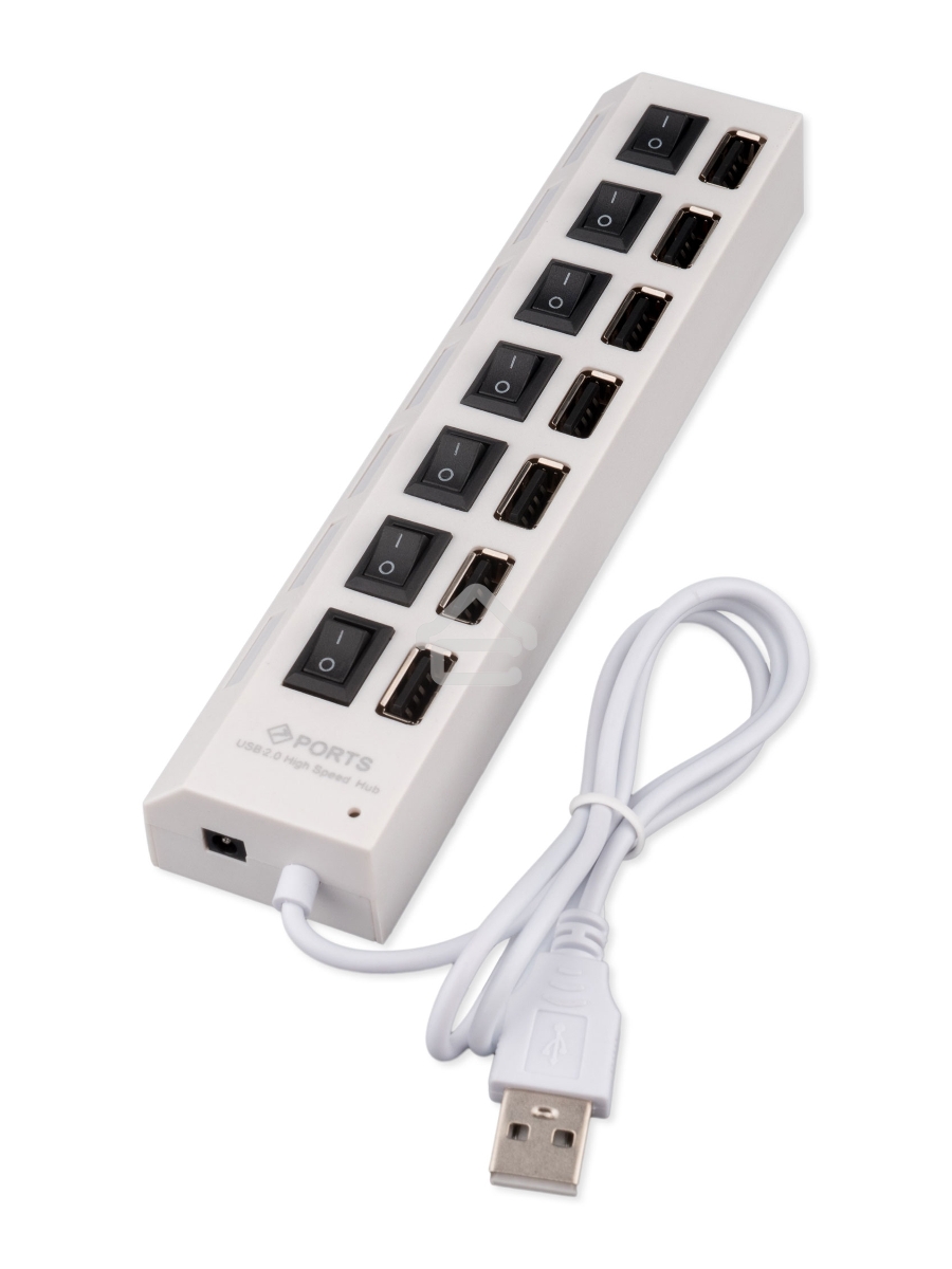 Разветвитель USB2.0 Gembird UHB-U2P7-01W, 7хUSB, с доп. питанием, подсветка и выключатели, кабель USB 55см, белый, коробка