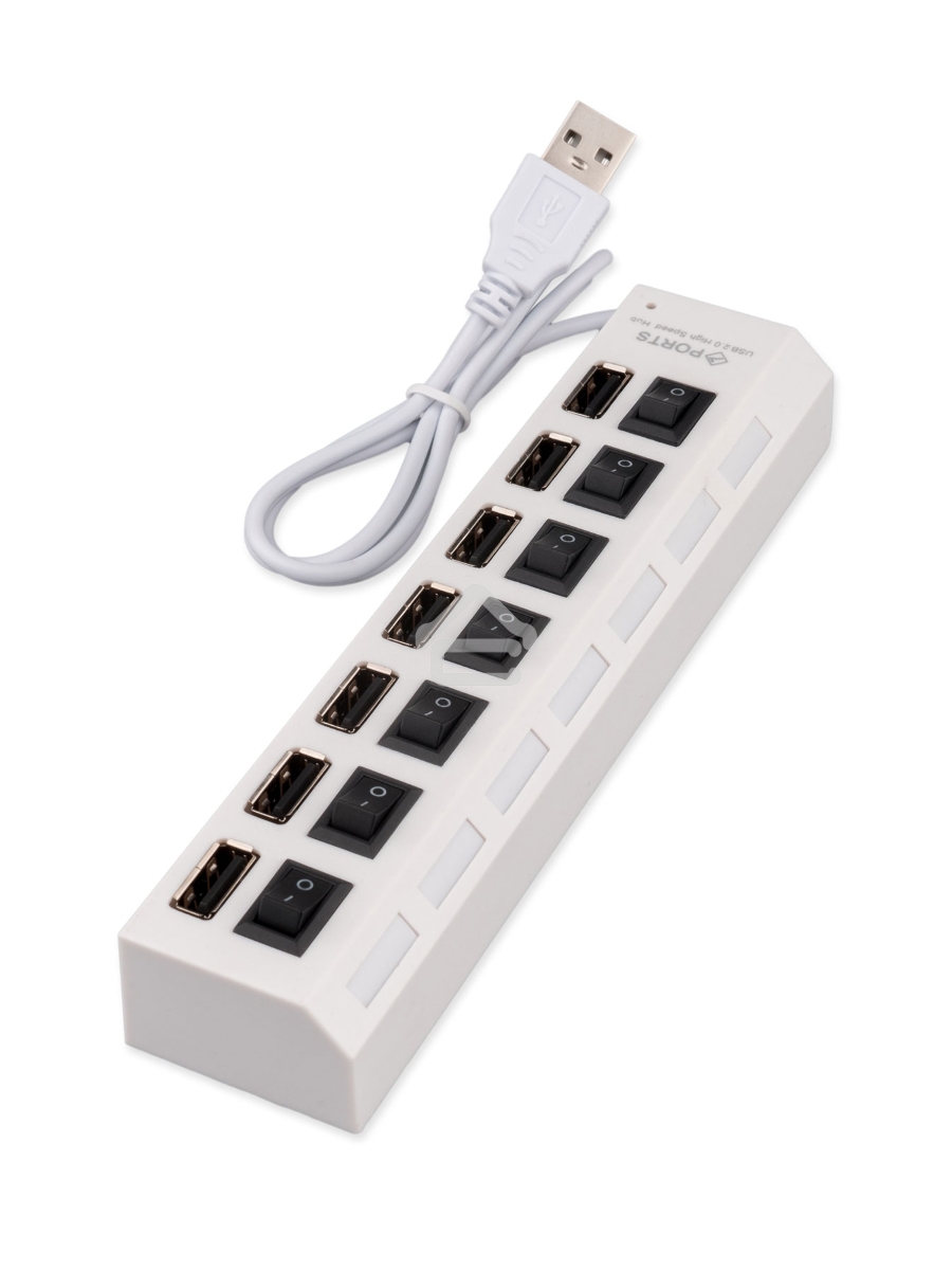 Разветвитель USB2.0 Gembird UHB-U2P7-01W, 7хUSB, с доп. питанием, подсветка и выключатели, кабель USB 55см, белый, коробка