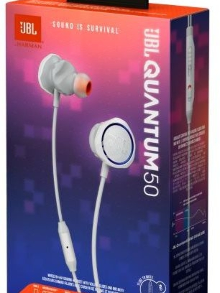 Наушники JBL Quantum 50 (накладные), белый Сопротивление 16 Ом, силиконовые вкладыши трех размеров, вес 21.5г, цвет белый