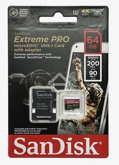 Карта памяти SanDisk Extreme Pro microSD UHS I Card 64GB for 4K Video on Smartphones, Action Cams & Drones 200MB/s Read, 90MB/s Write, Lifetime Warranty