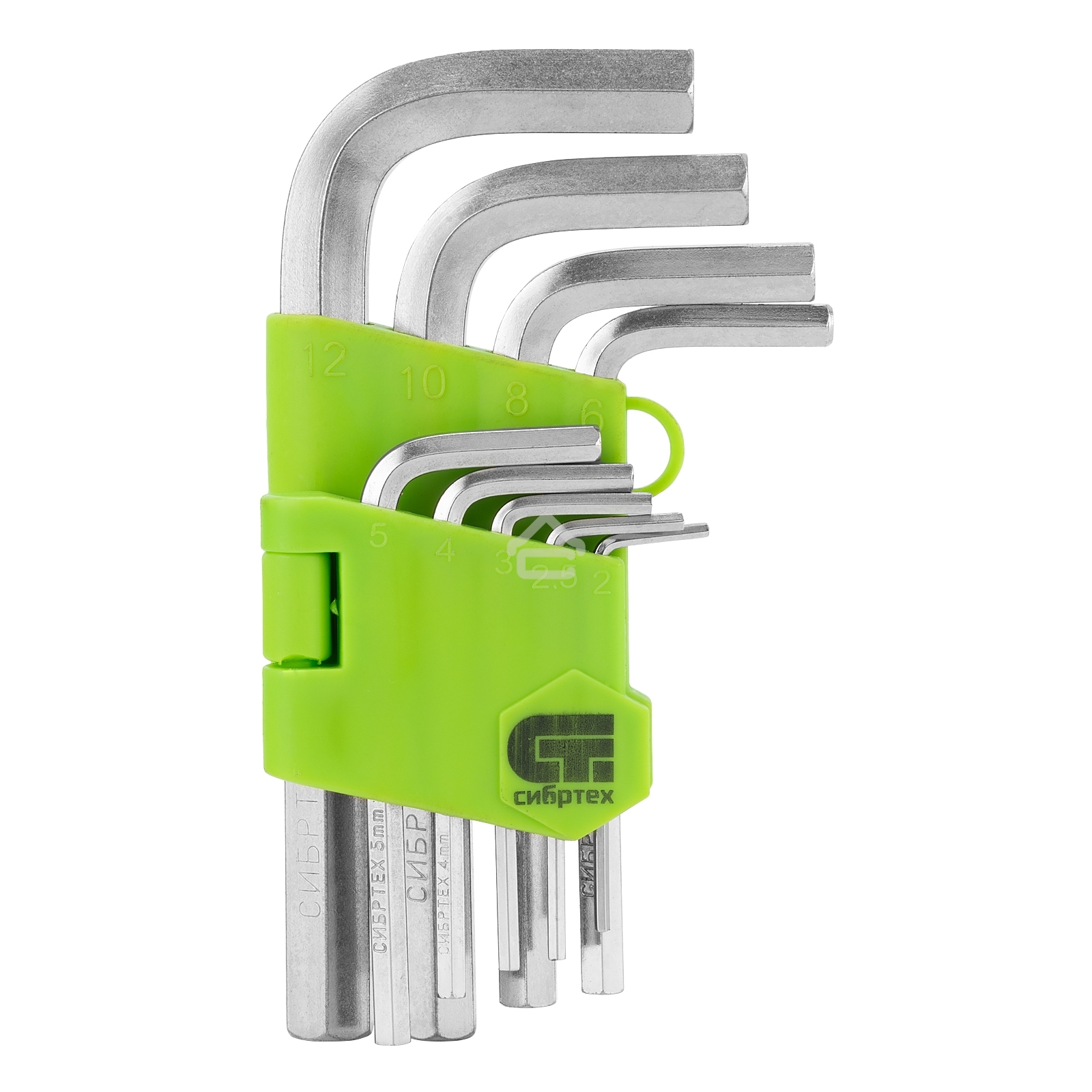 Набор ключей имбусовых HEX Сибртех, 2–12 мм, 45x, закаленные, 9 шт., короткие, никель.