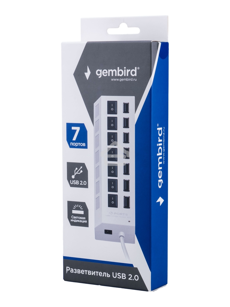 Разветвитель USB2.0 Gembird UHB-U2P7-01W, 7хUSB, с доп. питанием, подсветка и выключатели, кабель USB 55см, белый, коробка