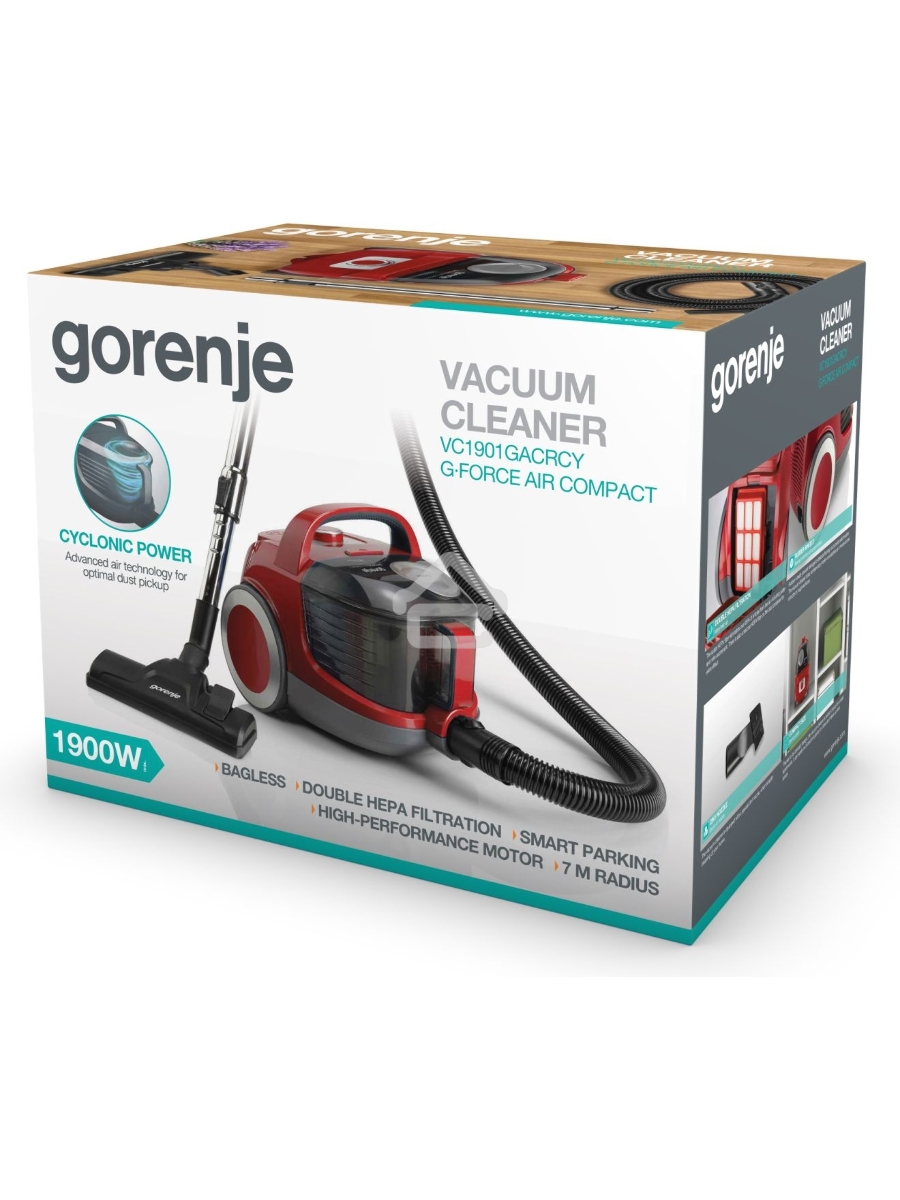 Пылесос Gorenje VC1901GACRCY черный/красный, 300/1900 Вт, уборка сухая, пылесборник контейнер 2.2 л