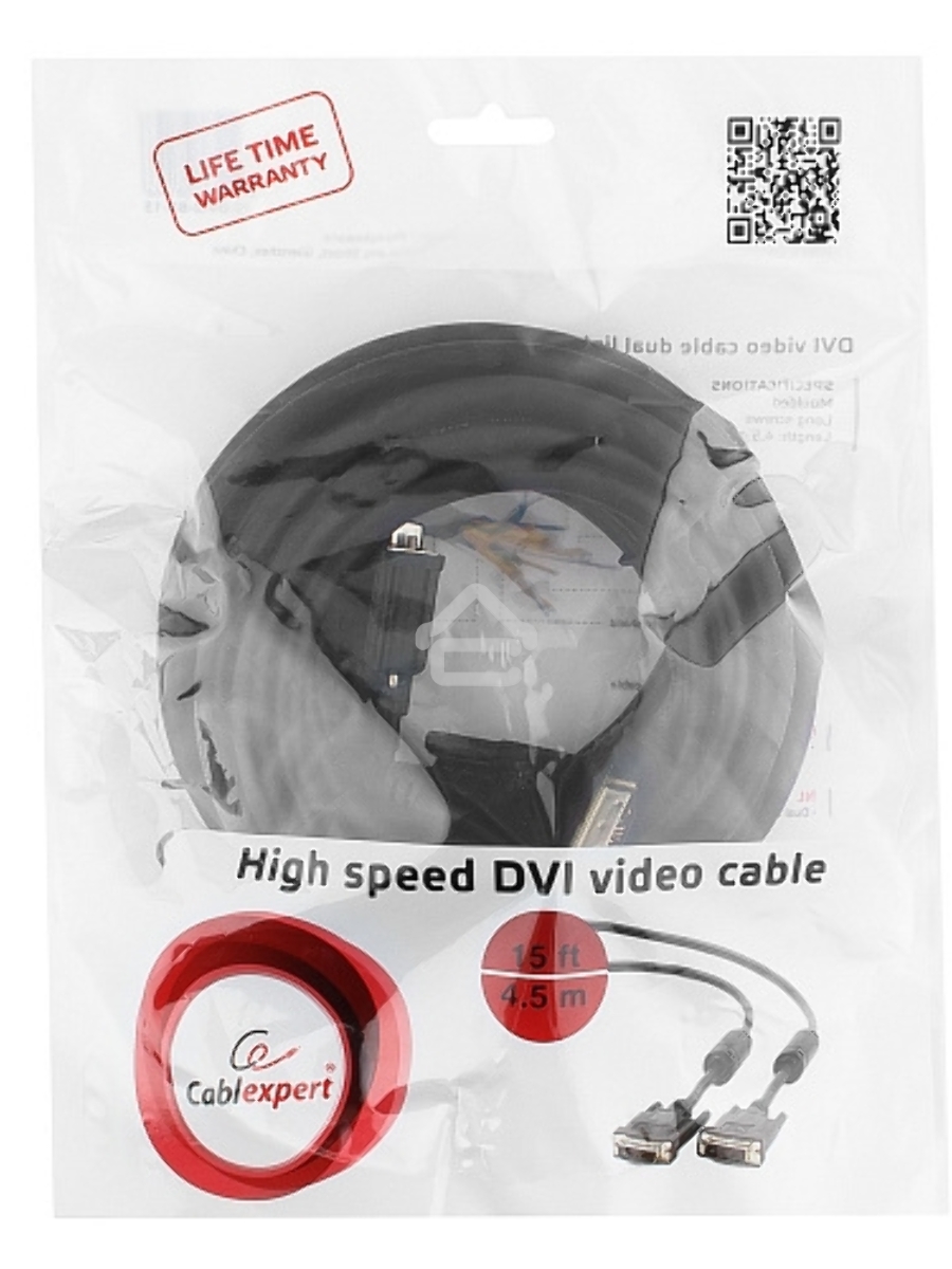 Кабель DVI-D dual link Gembird/Cablexpert CC-DVI2-BK-15, 25M/25M, 4.5м, черный, экран, феррит.кольца, пакет