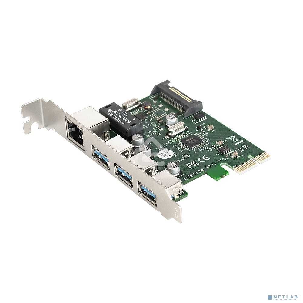 Контроллер сетевой ExeGate EXE-361 PCI-E 2.0, 3*USB3.0 ext + LAN UTP 1000Mbps, раз.доп.пит.OEM)
