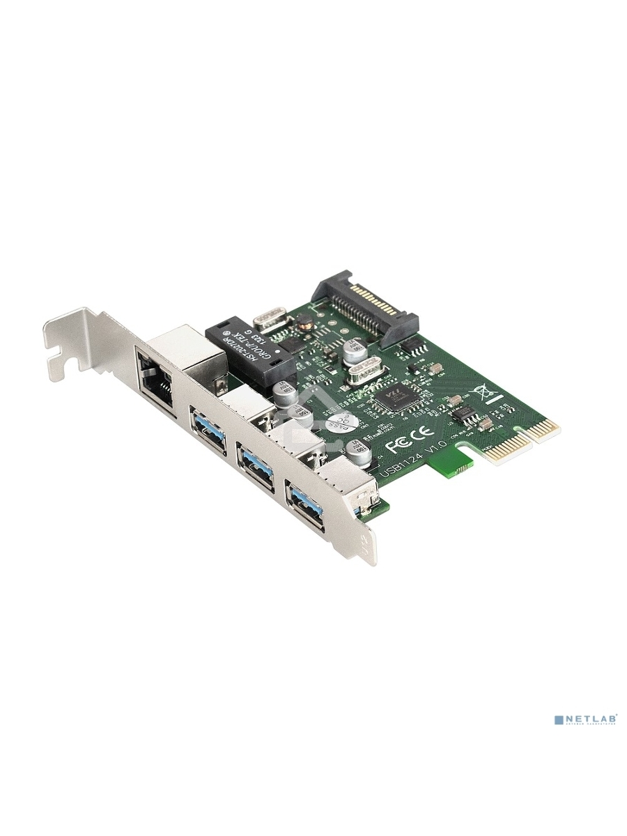 Контроллер сетевой ExeGate EXE-361 PCI-E 2.0, 3*USB3.0 ext + LAN UTP 1000Mbps, раз.доп.пит.OEM)