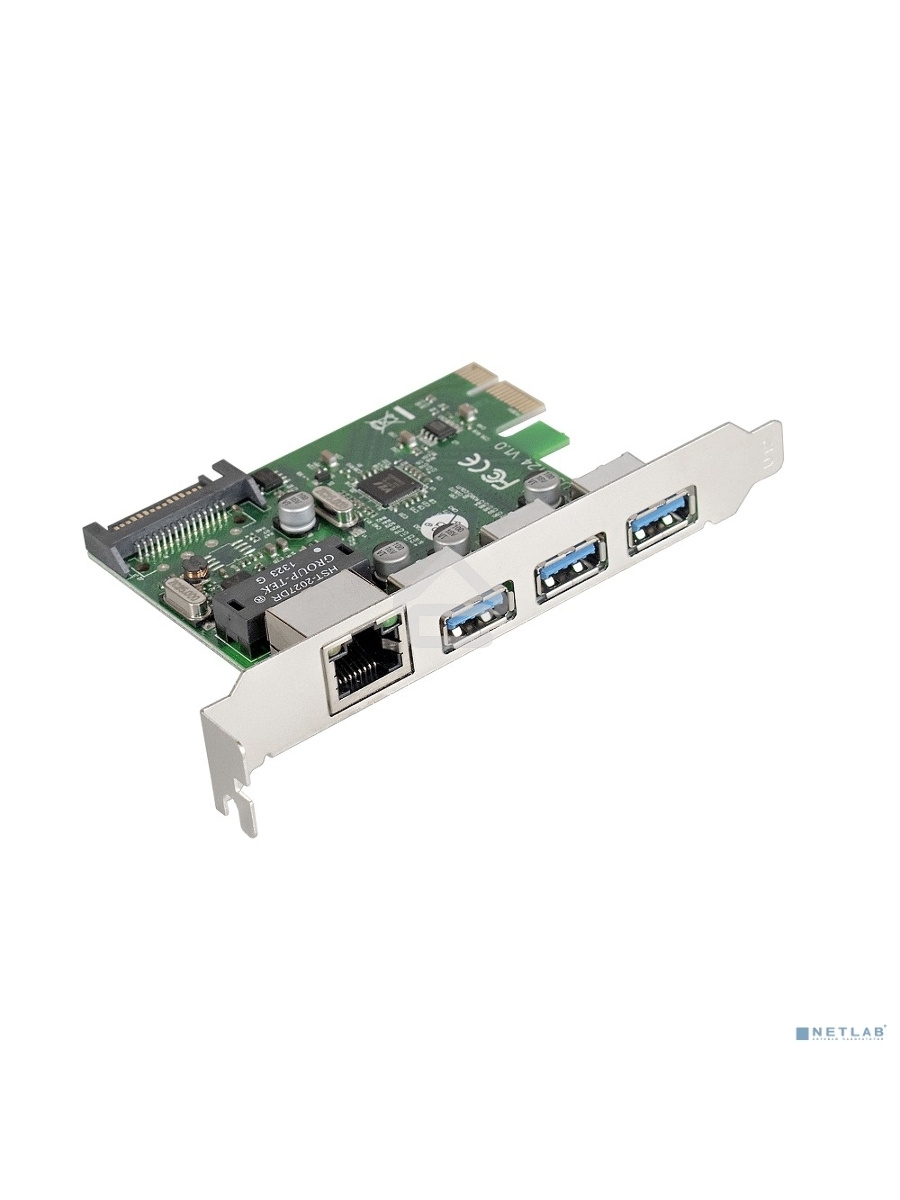 Контроллер сетевой ExeGate EXE-361 PCI-E 2.0, 3*USB3.0 ext + LAN UTP 1000Mbps, раз.доп.пит.OEM)