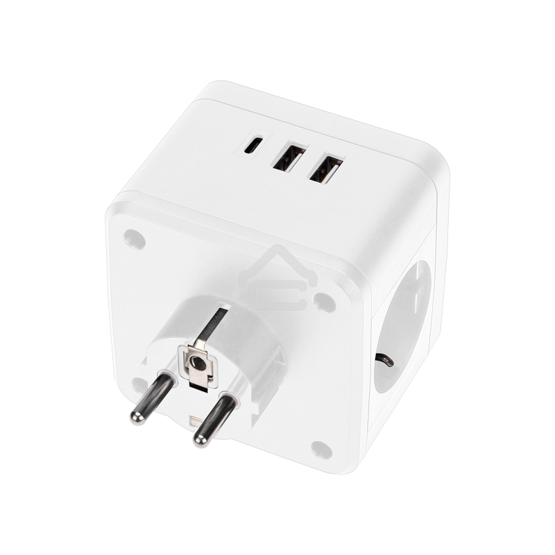 Двойник электрический Rexant Куб 16А с заземлением + 2хUSB-A 2,4А + USB Type-C 3А с ночной подсветкой, белый