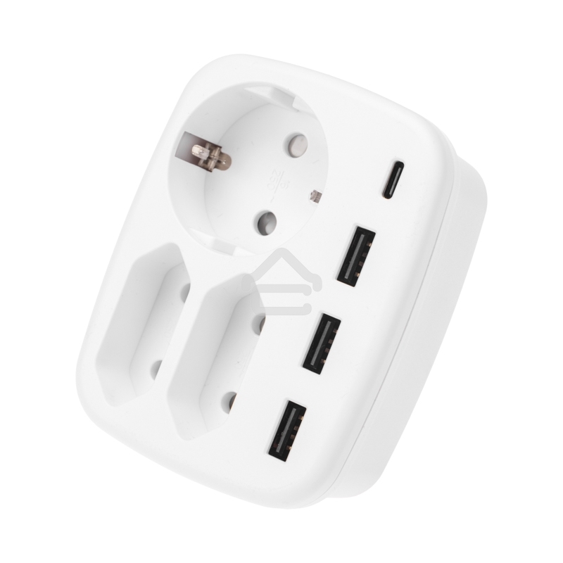Тройник электрический 16А + 2х2,5А с заземлением + 3хUSB-A 2,4А + USB Type-C 3А, белый Rexant