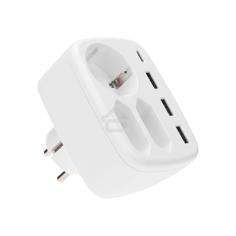 Тройник электрический 16А + 2х2,5А с заземлением + 3хUSB-A 2,4А + USB Type-C 3А, белый Rexant